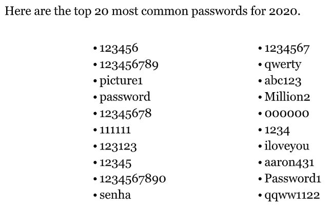 Most common passwords for 2020