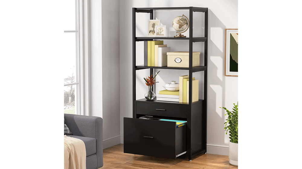 Tribesigns Bookcase Bookshelf, 4-Tier Modern File Cabinet with 2 Drawers