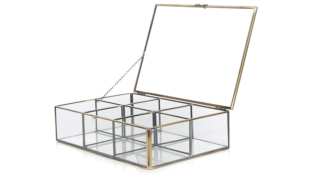 MyGift Decorative Clear Glass & Brass Metal Frame 6 Compartment Jewelry Shadow Box/Counter Top Display Case