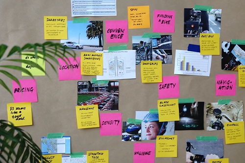 Pieces of a corrective action plan and other business info on a wall