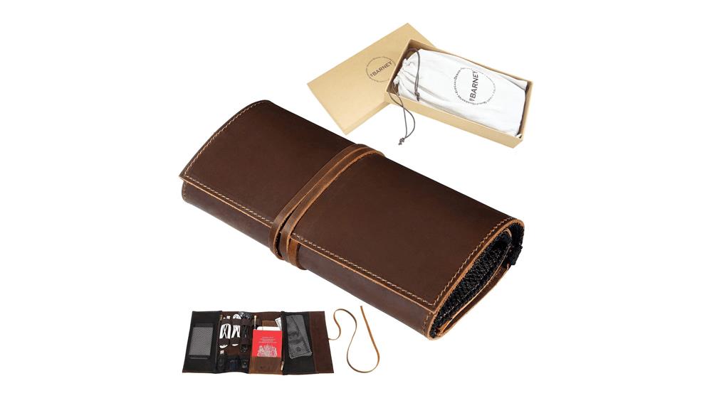 Genuine Leather Electronics Cable Organizer Roll Up Case Cord Bag