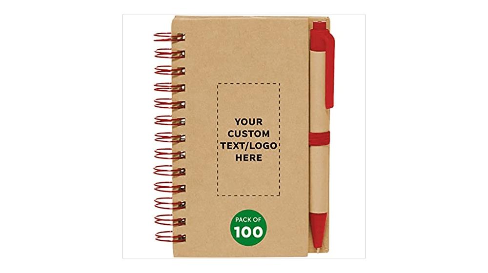 Custom Mini Spiral Notebooks with Black Ink Pens Set of 100, Personalized Bulk Pack