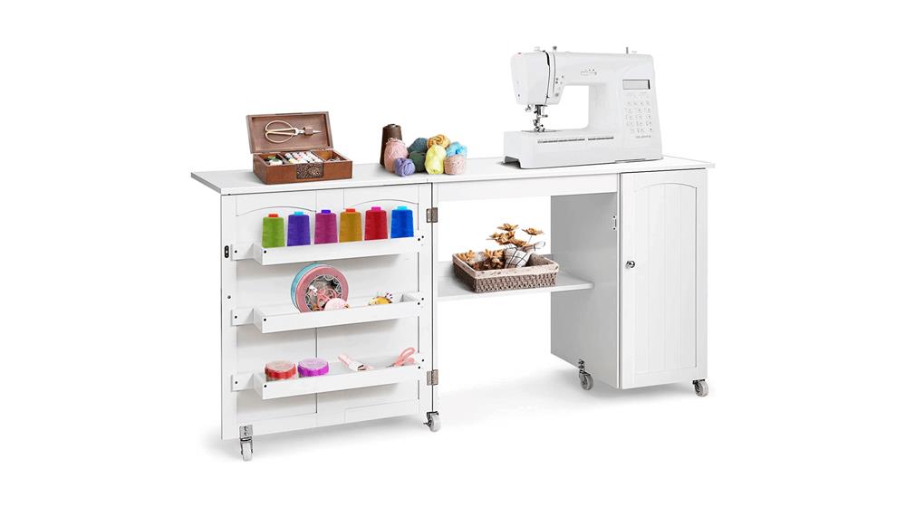 Giantex Folding Sewing Craft Table, 3 Storage Bins, Side Cabinet