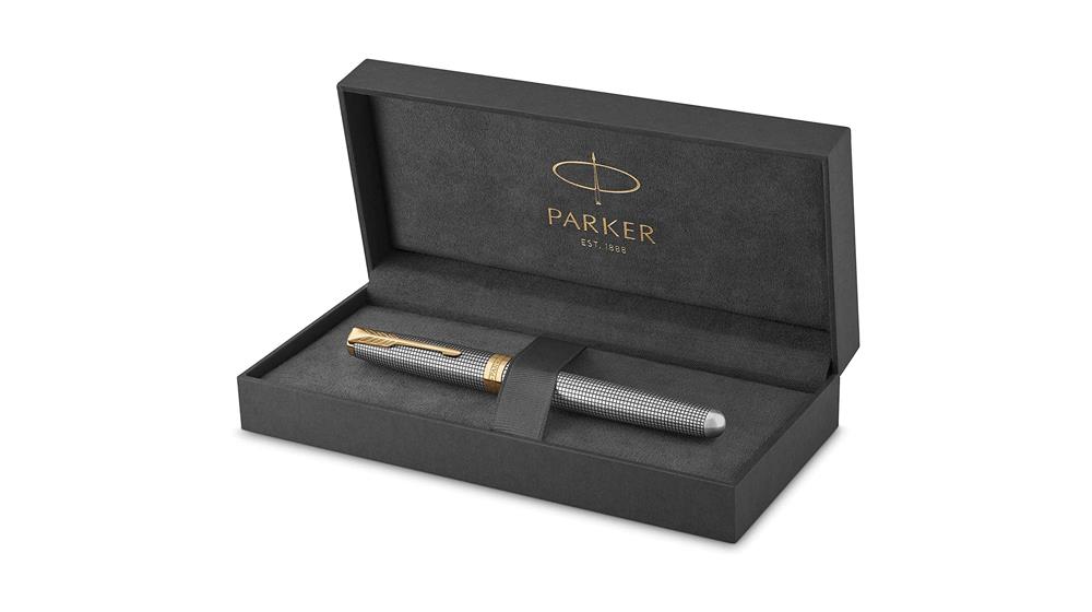 PARKER Sonnet Fountain Pen, Prestige Chiseled Silver with Gold Trim, Solid 18k Gold Medium Nib