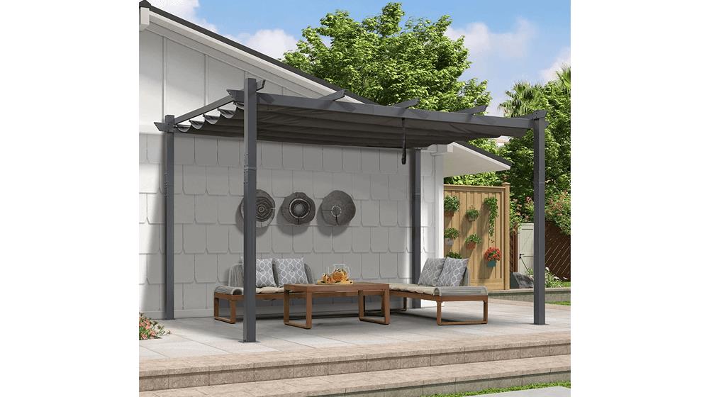 PURPLE LEAF 9.5' X 13' Outdoor Retractable Pergola Against The Wall with Shade Canopy Patio Aluminum Shelter for Porch Garden Pavilion