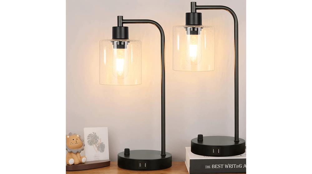 Set of 2 Industrial Table Lamps with 2 USB Port