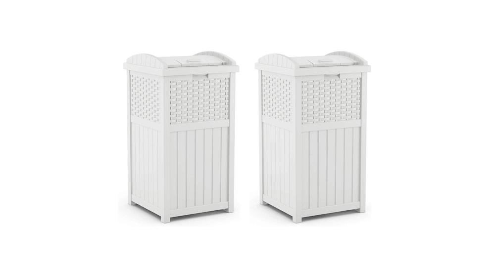Suncast Wicker Resin Outdoor Hideaway Trash Can Bin with Latching Lid for Use in Backyard