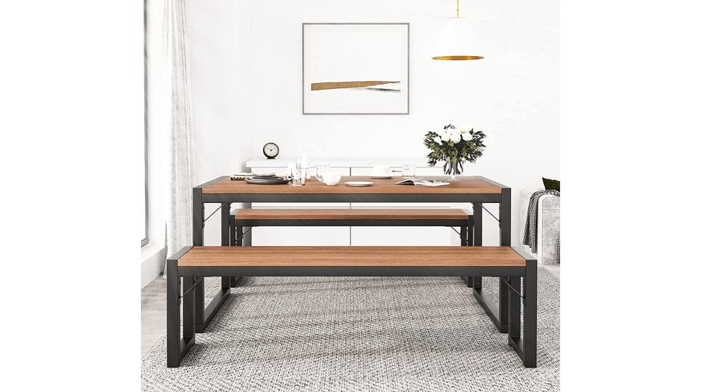 ikalido Modern 3-Piece Soho Dining Table Set with Black Metal Frame & Walnut Board