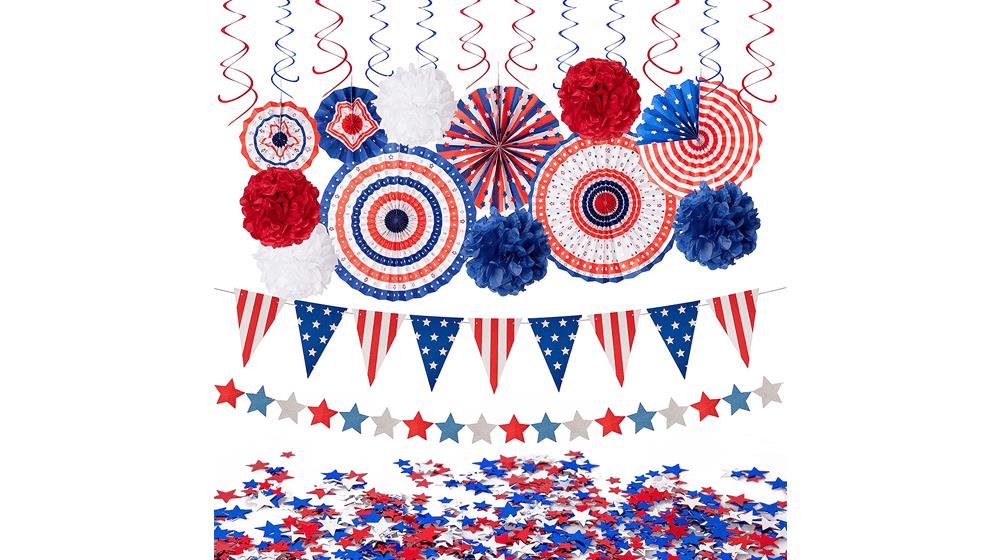 29PCS 4th, Fourth of July Patriotic Decorations Set - Red White Blue Paper Fans
