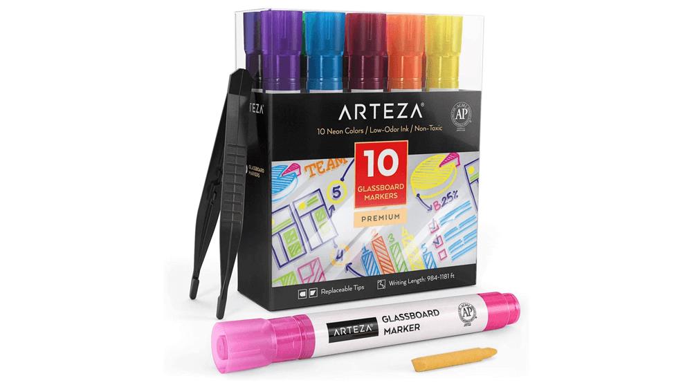 Arteza Glass Board Dry Erase Markers Pack of 10 Bright Neon Colors with Low-Odor Ink