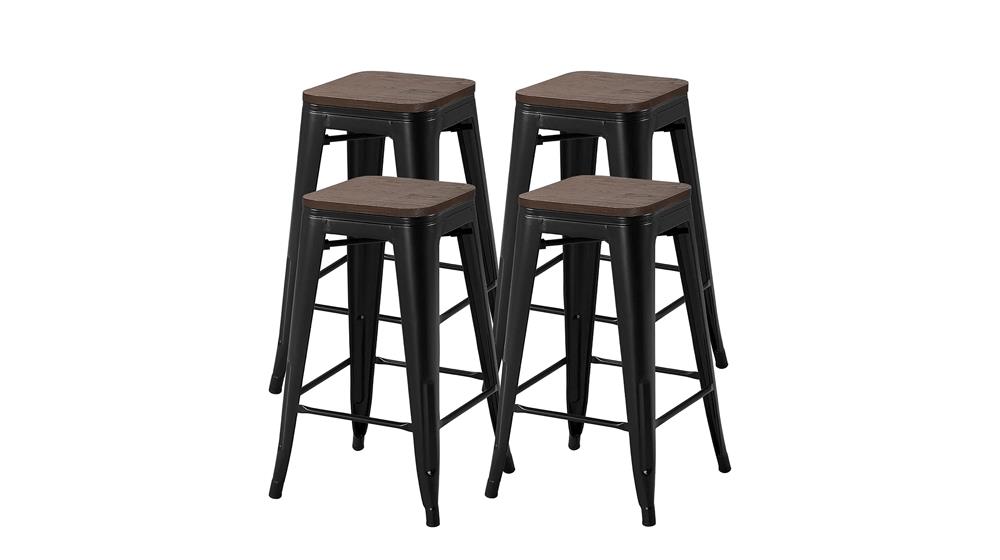Yaheetech Metal Bar Stools 26 inch Stackable Barstools Wooden Seat Bar Chairs