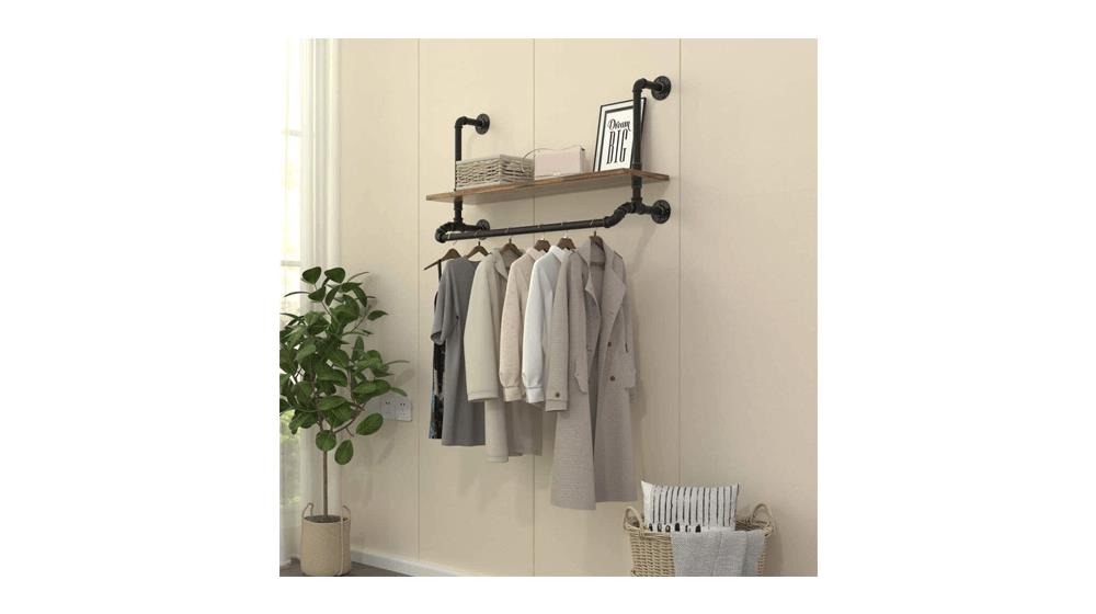 Tianman 40-inch W,Industrial Detachable Wall Mounted Black Iron wooden Garment Bar