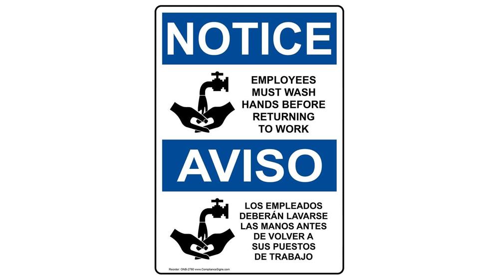 ComplianceSigns.com Employees Must Wash Hands Bilingual Sign