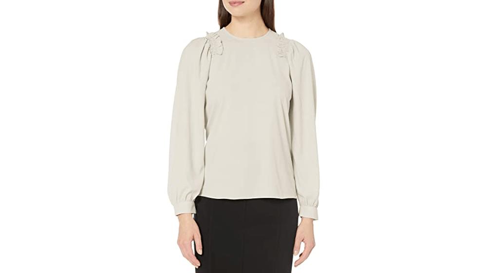 Lark & Ro Women's Crepe de Chine Long Sleeve Smocking Detail Crewneck Blouse