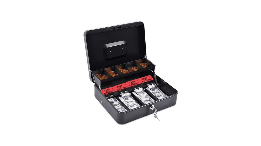 INFUN Cash Box with Money Tray, Durable Large Steel Money Boxes, 5 Compartment Tray, 4 Spring-loaded, come with 2 key